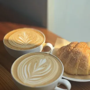 Vanilla Latte, White Chocolate Latte and Almond Croissant.