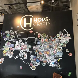 US map with stickers from breweries all over the country