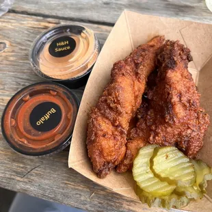 Texas Hot Crispy Tenders with Buffalo and H&amp;H sauce as dippings