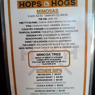 Mimosas and Cocktails menu