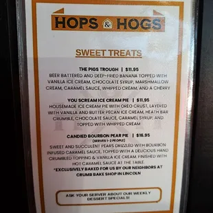 Desserts menu