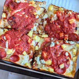 BYO Detroit Style Pizza with Pepperoni, Pineapple, and Caramelized Onions