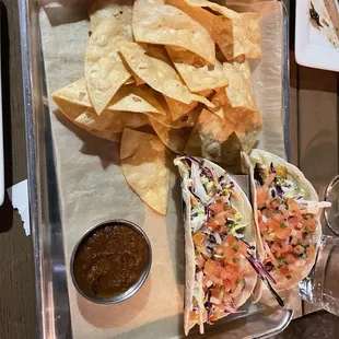 Fish Tacos with chips and salsa