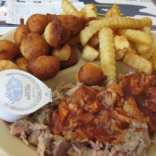 BBQ Plate with fries and hush puppies