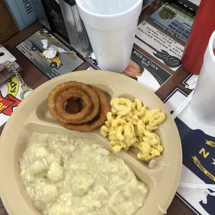 Chicken &amp; Dumpling special with onion rings and Mac n cheese