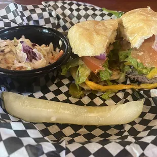 Green chili cheeseburger w Hops sauce and Fabulous Coleslaw