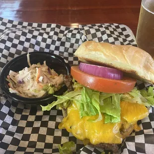 Amazing Green Chili Cheeseburger w Hops sauce and delicious Coleslaw