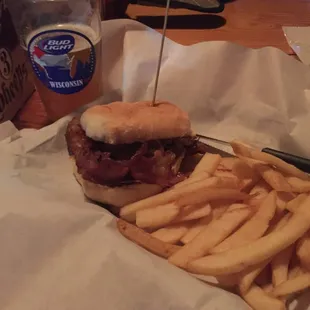 Burger with egg, bacon, cheese, Sheboygan hard roll.  Goes well with beer.