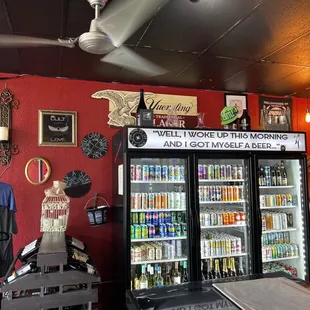 Beer fridge, merch wall