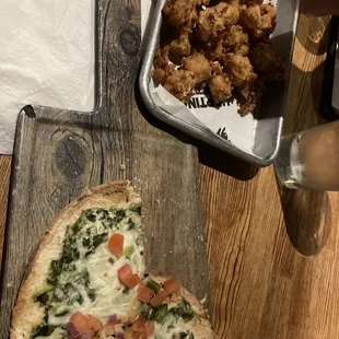 Fried Cheeseheads and spinach dip flatbread