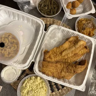 Everything's so good! Whiting Platter with Yams, String Beans plus Potato Salad and Hush Puppies