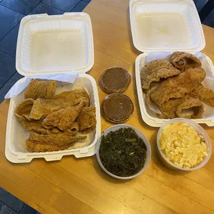 Fried Fish, Collards Greens, Baked Macaroni and Cheese and Sweet Potato Pie