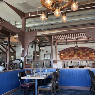 a dining area with tables and chairs