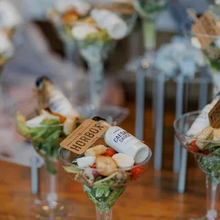 Gourmet Appetizers by HORBOX Catering, beautifully presented in martini glasses!