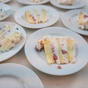 Sliced up cake, original filling with strawberries