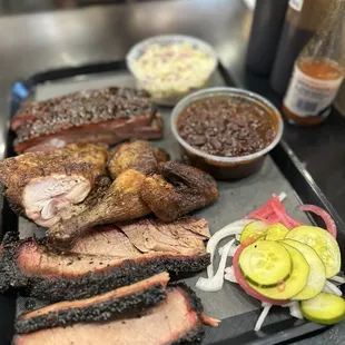 Brisket, half chicken, ribs, beef chili, banana pudding