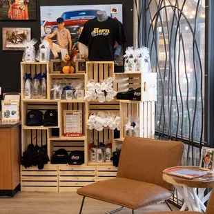 Lounge area and Horn Photo Merch. Hang out and have some free coffee!