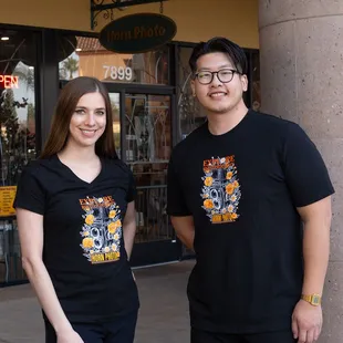 Alissa and David wearing Horn Photo tshirts! New design with vintage twin lens film camera and California poppy flowers