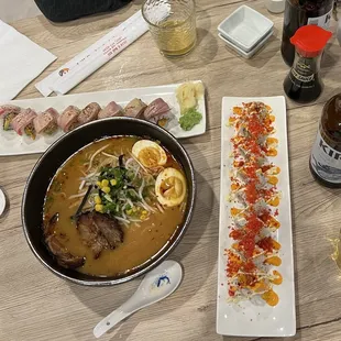 Flaming hot Cheeto roll, mouthwatering roll, and spicy miso ramen 10/10!!