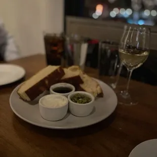 Focaccia with goat cheese, Sicilian olive tapenade, balsamic and olive oil