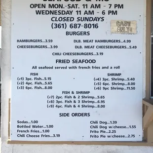 Menu! As of 6/11/18. Cash only! Don't forget your cash!