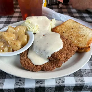 Country fried steak, German Potato Salad, mashed potatoes, beer bread.