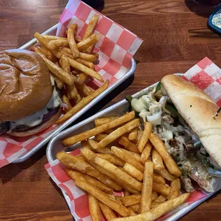 Mushroom and swiss burger and Philly cheesesteak