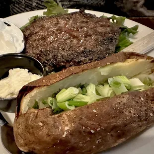 Hamburger ( without the bun ) and Baked Potato