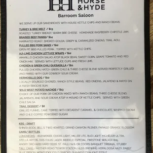 Food and beer menu