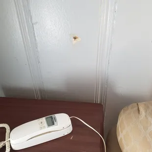 not sure if the phone worked.  no lamp to be found, clock, hair dryer, etc.  Note hole in the wall, this was general state of the room