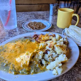 Black coffee, blue corn tortillas, green chile