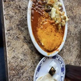 Huevos Ranchos with red chile