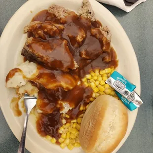 Meatloaf special - corn - potatoes.