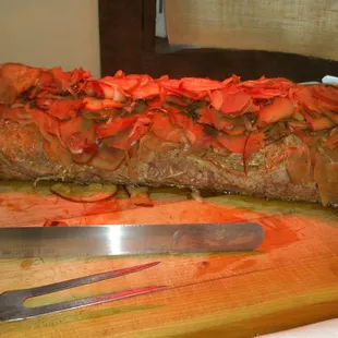 Apple cider brined pork loin crusted with spiced apples