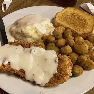 Chicken Fried Chicken with Mashed Potatoes and Fried Okra