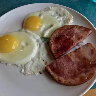 Country ham and sunny side up eggs, too sunny for me