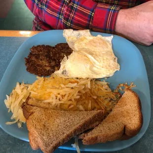 Goetta,fried potatoes,eggs and toast