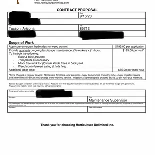 Horticulture Unlimited's proposal which I accepted - including pre-emergent and quarterly maintenance
