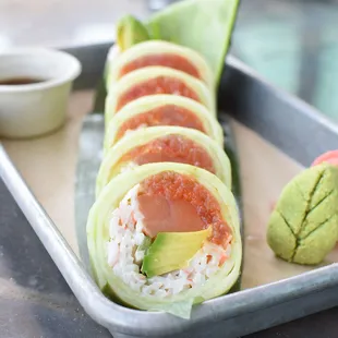 a tray of sushi rolls