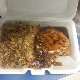 Unusual gravy on pork egg foo young