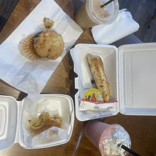 Iced coffee  Strawberry smoothie  Bacon egg cheese sandwich  Breakfast burrito  Blueberry muffin