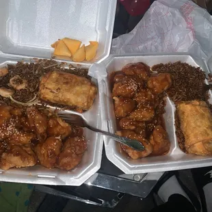 Sesame chicken and shrimp fried and sesame chicken with chicken fried rice.