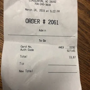 a receipt for a customer