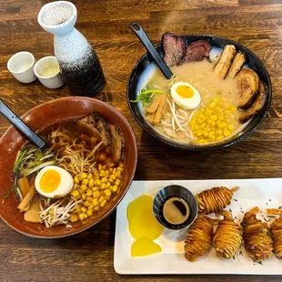 Hoshi Ramen with Tonkotsu base, Texan Ramen with Syoyu base, Potato Shrimp