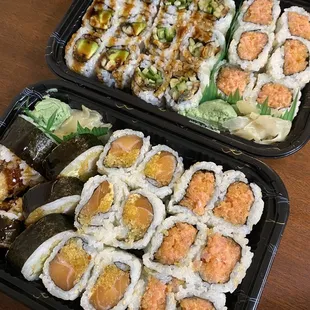 Top (left to right): eel &amp; avo, eel &amp; cucumber, spicy tuna Bottom (left to right): crazy maki, spicy salmon, spicy tuna