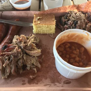 One person sampler. Smoked sausage, pulled pork, chopped brisket, baked beans and Mac n cheese.