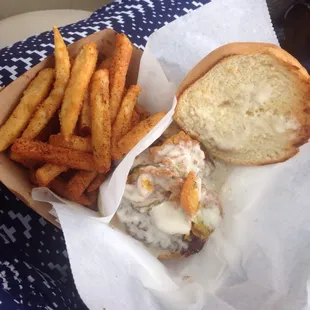 License to dill... Fried pickles, ranch and a havarti dill cheese stuffed burger with Cajun fries...