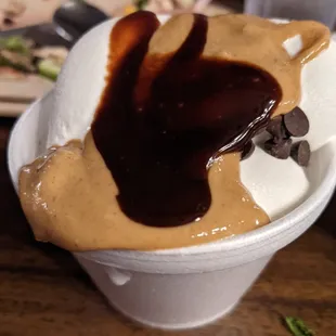 Vanilla ice cream with hot fudge and peanut sauce