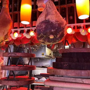 meat hanging from the ceiling