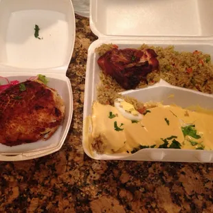 a meal in a styrofoam container